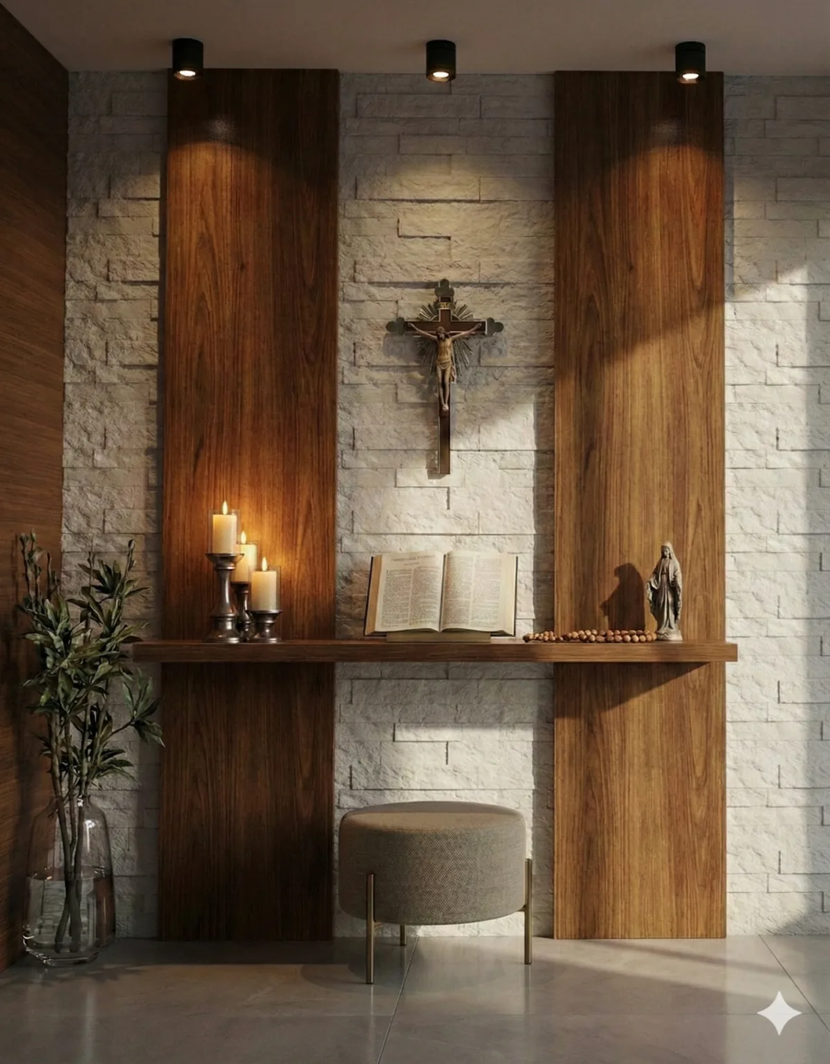Apartamento A&S — Hall de entrada com altar em madeira e pedra