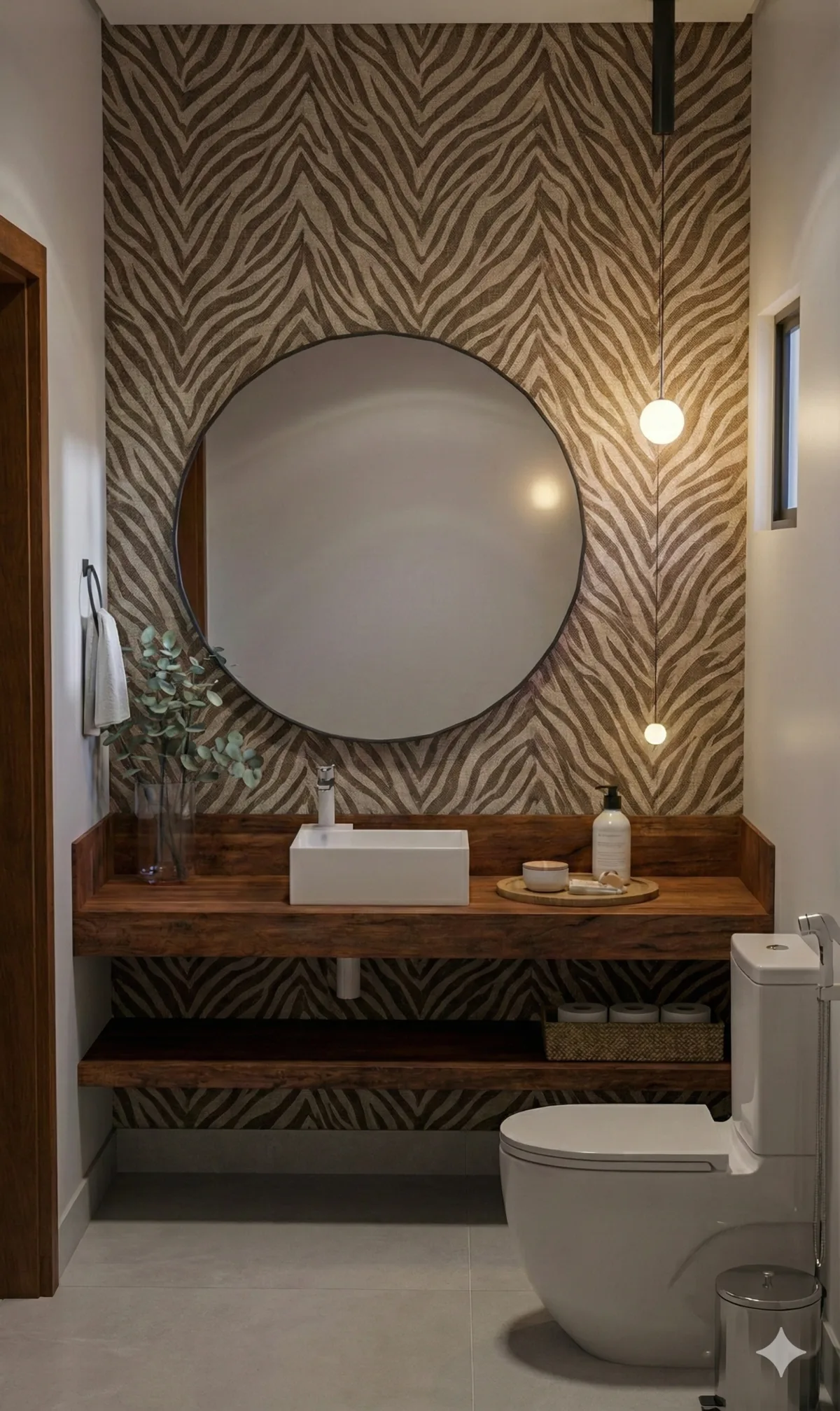 Apartamento A&S — Lavabo com papel de parede autoral e cuba esculpida