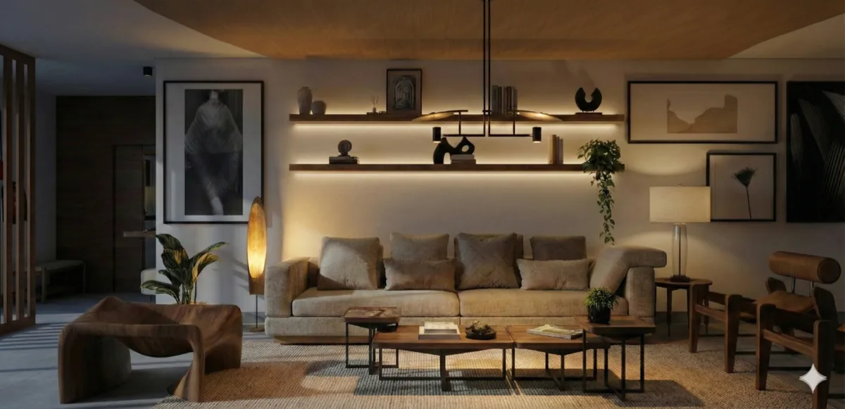 Apartamento A&S — Estar em cenário noturno, com iluminação indireta