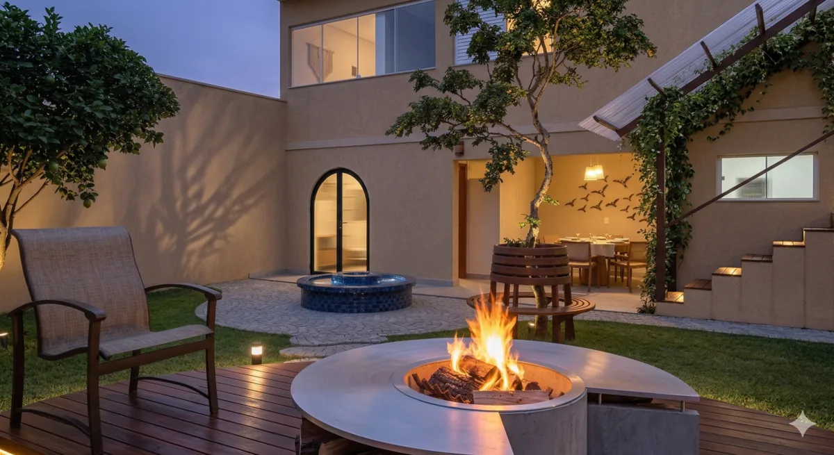 Casa J56 — Deck externo com fogueira central, ao anoitecer