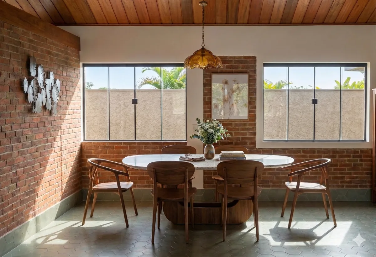 Casa J56 — Sala de jantar sob pendente de vidro colorido