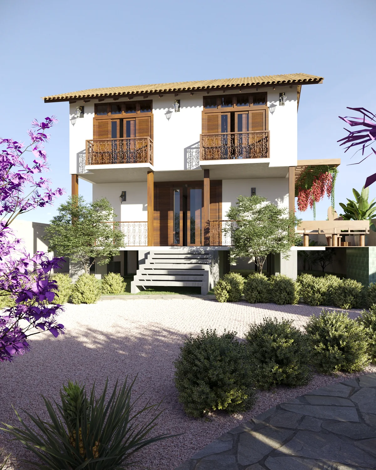 Casa São Jorge — Fachada principal com buganvília e jardim de espécies rústicas