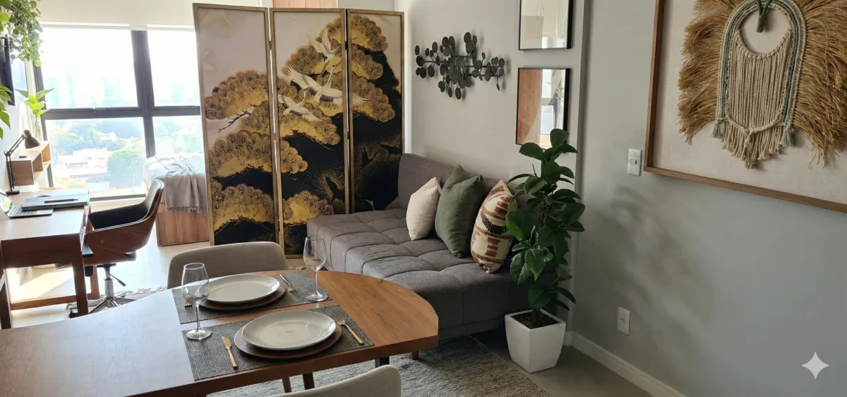 Flat 105 Noroeste — Estar com painel autoral e mesa de apoio