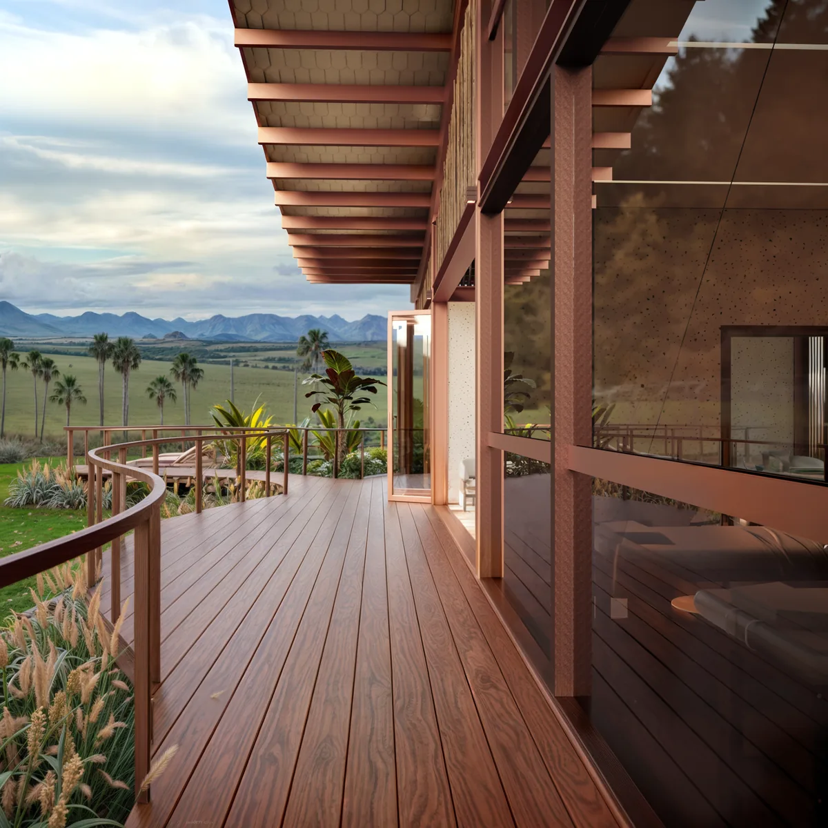Soul Spa — Passarela de madeira que percorre a fachada e conduz às salas